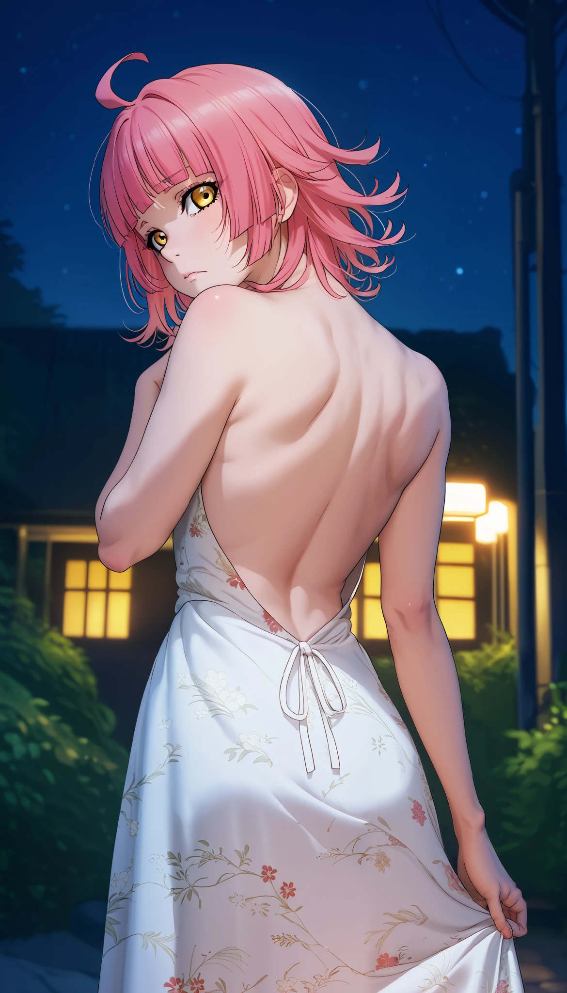 (best quality),fire_emblem,Genny,pink_hair,orange_eyes,fire emblem genny,curly_hair,night sky,terrace,starry_sky,nightgown,medium_length_hair,fire_emblem_heroes,1girl,short_hair, slender_body