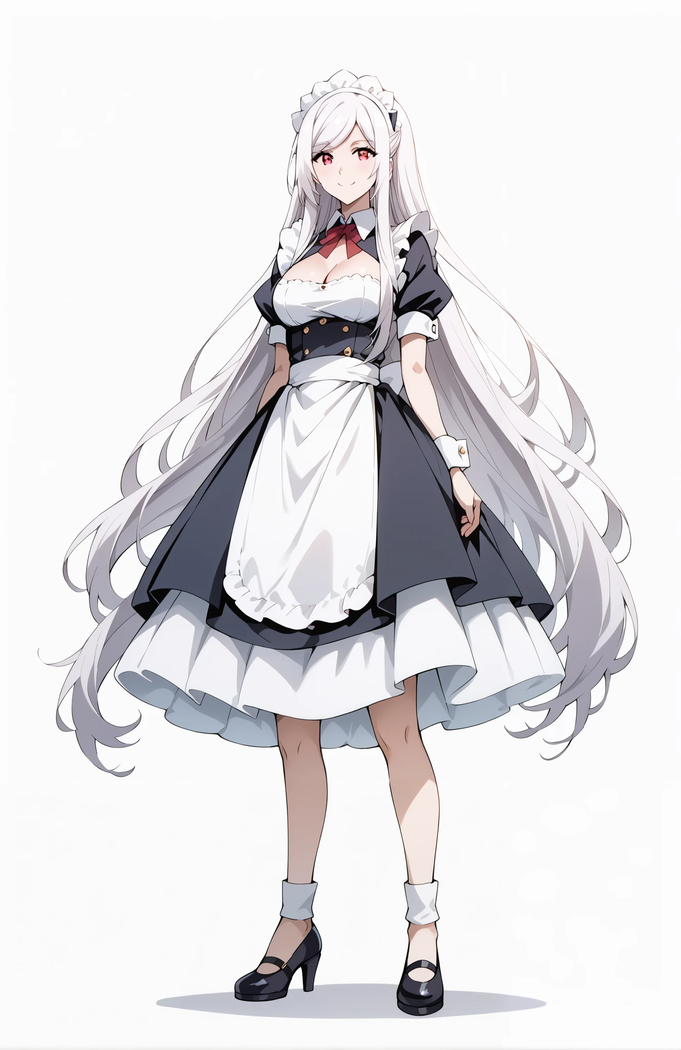 score_9, score_8_up, score_7_up, source_anime, 4K,perfect fingers,(perfect hands, perfect anatomy),prefect lighting, very aesthetic, intricate details,highly detailed background, masterpiece, high quality, best quality,
1girl, alexiamidgar, alexia midgar, long hair, very long hair, hair ribbon, white hair, red eyes, sidelocks, large breasts,,
wearing ((maid headdress,cleavage,short sleeves, wrist cuffs )),,
looking at the spectator, filed, Arms Behind Back, high thigh individual , (large breasts:0.9),Stand up,((fullbody:1.5)),((White plain background:1.5)) ,smile,((front look:1.5)),