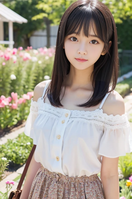 8K,Japanese,,Childish,innocent face,innocent look,teenage girl,cute,spring-like clothes,Spring weather,everyday wear,black hair,riverbed park,sitting on spread leg ,thighs,Decolletage