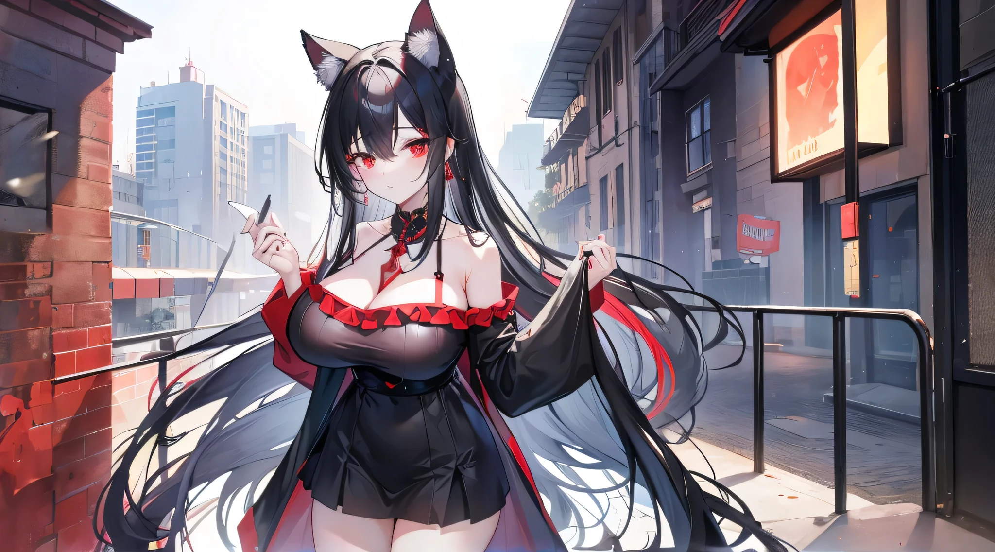 ganyu \(genshin impact\), ganyudef, outdoors, cyber punk city, red eyes, volumetric lighting, soft lighting, cinematic, looking at viewer, massive breast covered by black lace top, showing plunging neck line, long Black hair