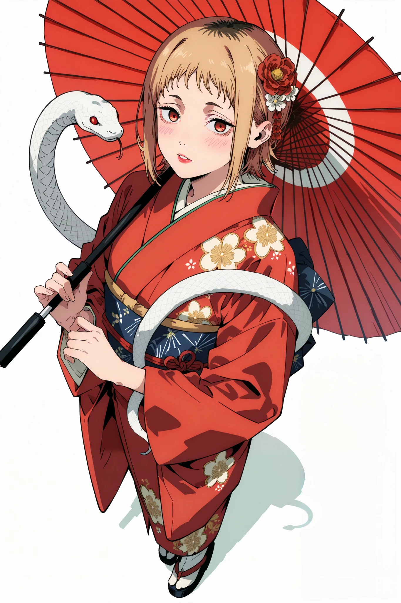 (Sh1r3n:1.2), chainsaw_man_style, 1girl, sawatari akane \(chainsaw man\), chainsaw man, 1girl, from above, umbrella, oil-paper umbrella, japanese clothes, kimono, flowers print, red umbrella, holding umbrella, 1girl, print kimono, hair flower, hair ornament, solo, holding, red eyes, red kimono, parasol, long sleeves, standing, wide sleeves, blush, looking at viewer, short hair, parted lips, full body, obi, bangs, red lips, sash, white umbrella, white background, furisode, tabi, white legwear, white background, white snake wrapped around the arm.