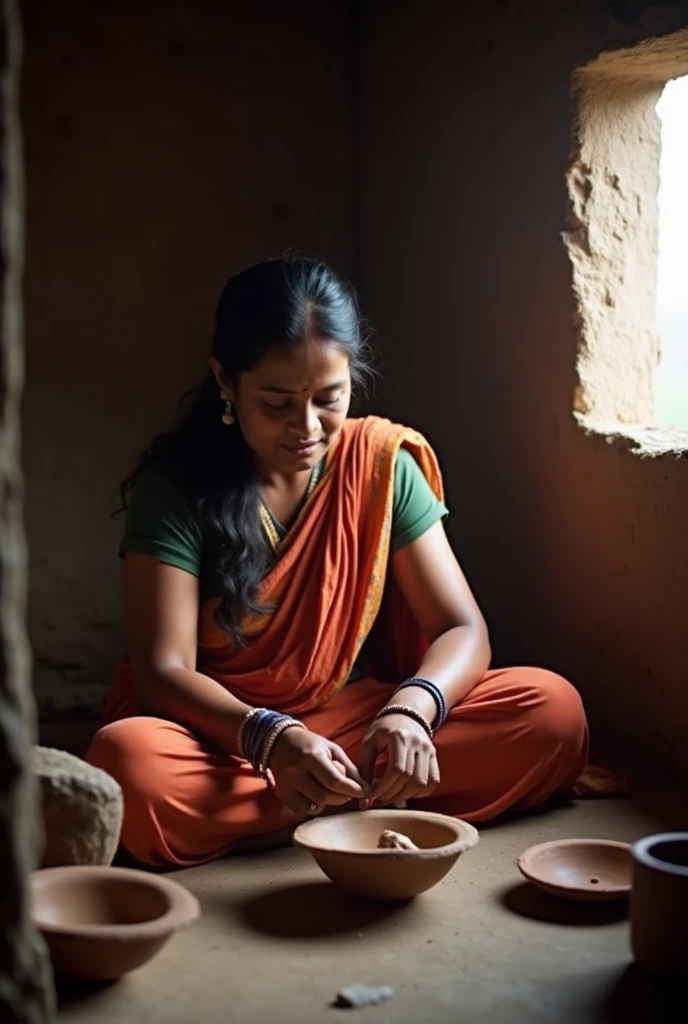 Woman in a skirt and Aguayo cooking in a clay kitchen (She's done) on the floor for her 3-year-old children, They are poor Bolivians, She serves the food., The air is sad