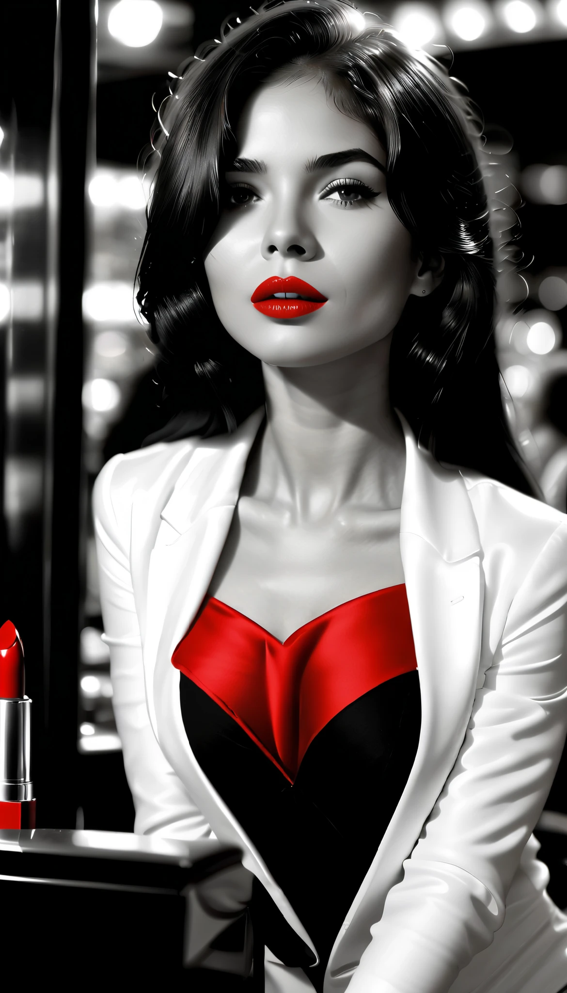 1girl, Sublime femme suédoise très sexy, Detailed lips, detailed eyes, detailed eyelash, detailed face, (((sublime and detailed full body))), longs cheveux, visage de séduction, (((shiny red lipstick :2.0))), photo du corps entier:2.5, ((porte des talons aiguilles rouges)),(( photo noir et blanc, black and white, Low-angle photo)), (((photo noir et blanc : 2.0, black and white photo :2.0, shiny red only on lipstick, b/w, b&w, une femme, 1girl))) abdominaux légèrement dessinés, nombril visible