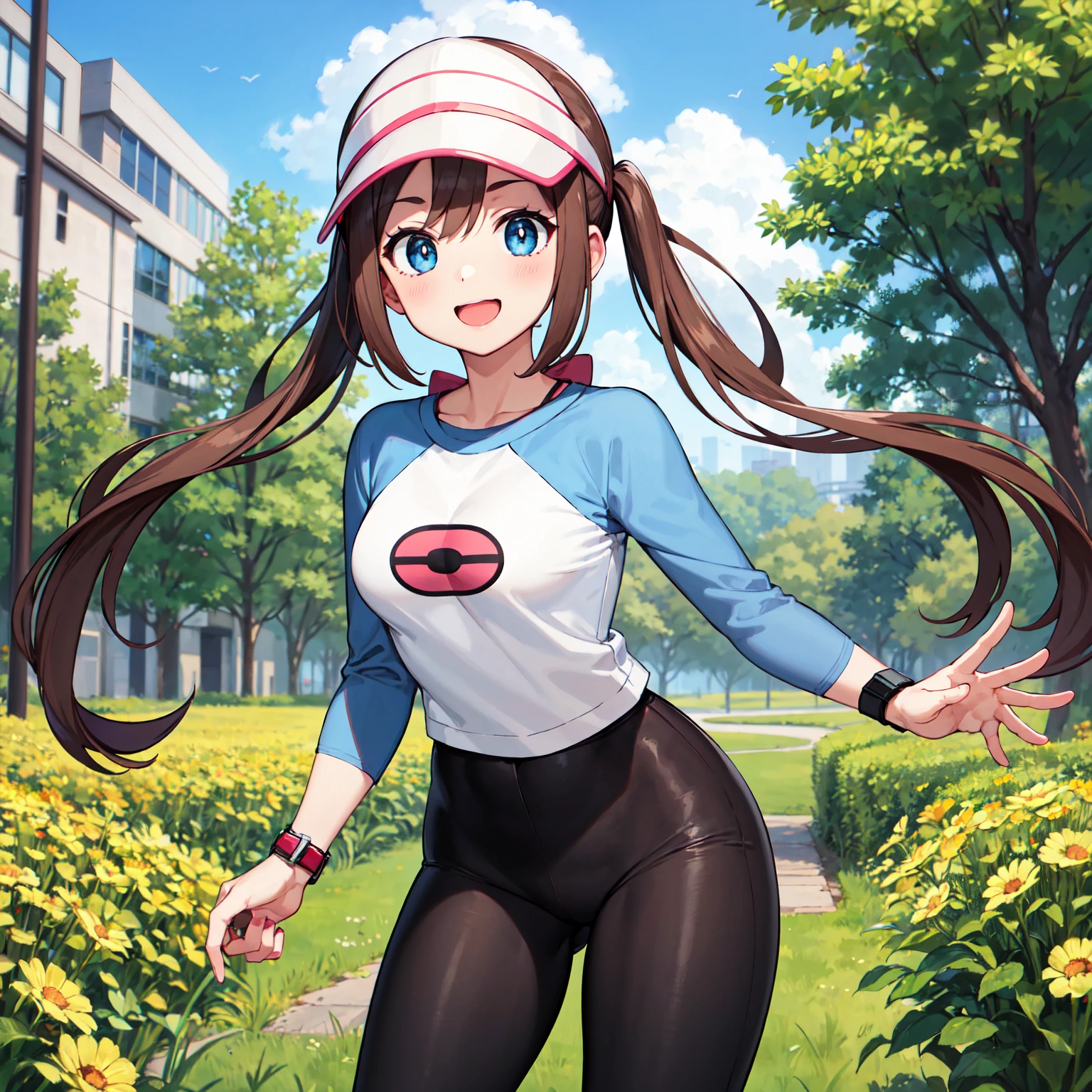 masterpiece, best quality, highres, <lora:RosaPokemon:1>, shorts, pantyhose, visor cap, legwear under shorts, raglan sleeves, yellow shorts, black pantyhose, shirt, short shorts, outdoors, smile, jumping, two legs up, sneakers, shoes,