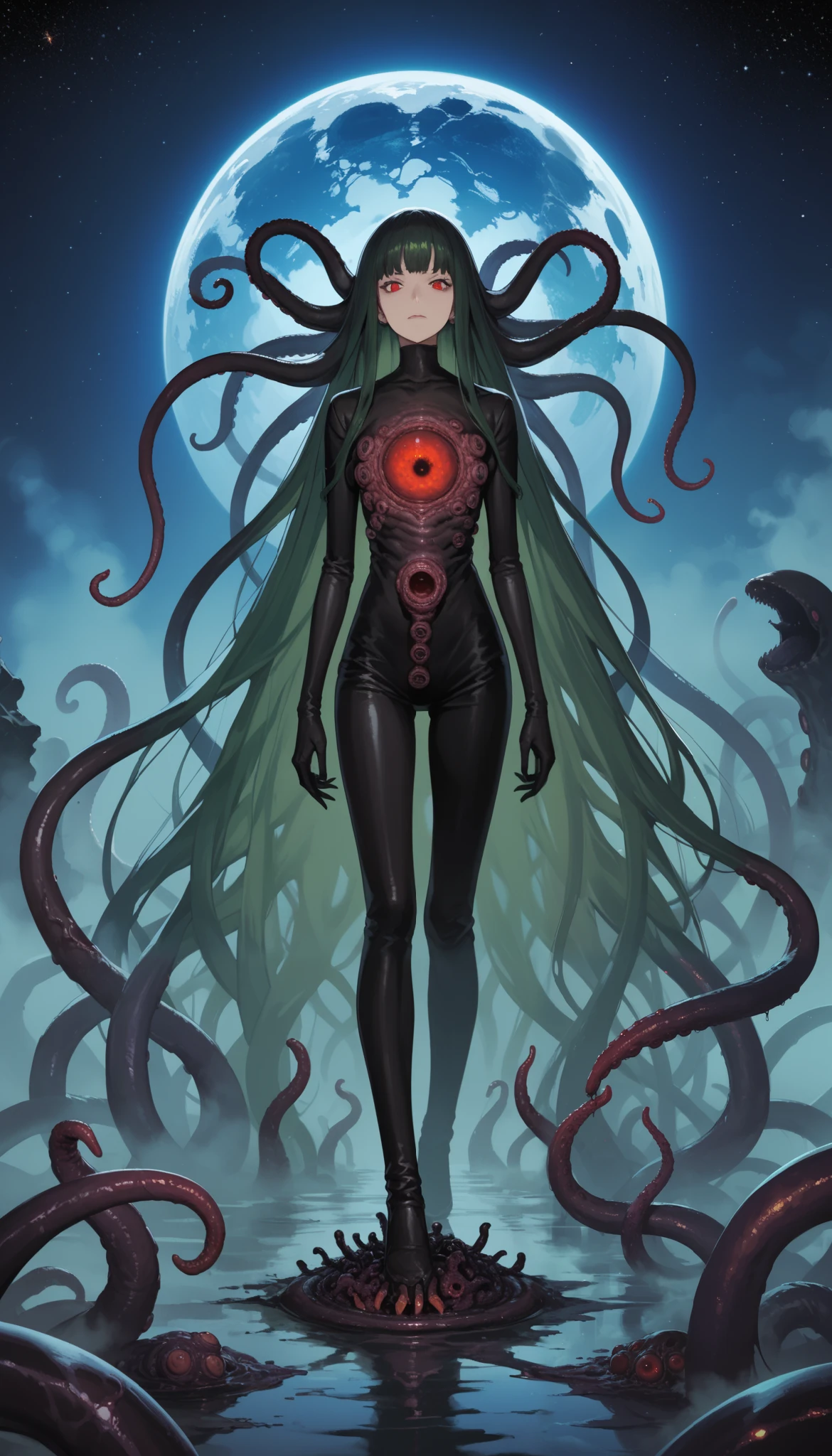 Score_9, score_8_up, score_7_up, score_6_up, source_anime, rating:general, 1girl, full body, nyarlathotep, green hair, very long hair, red eyes, tentacles, eyeballs, lovecraftian, eldritch abomination, fog, mist, decay, miasma, orbs, the gate and the key, cosmic horror, cosmos, space, hp_lovecraft_style