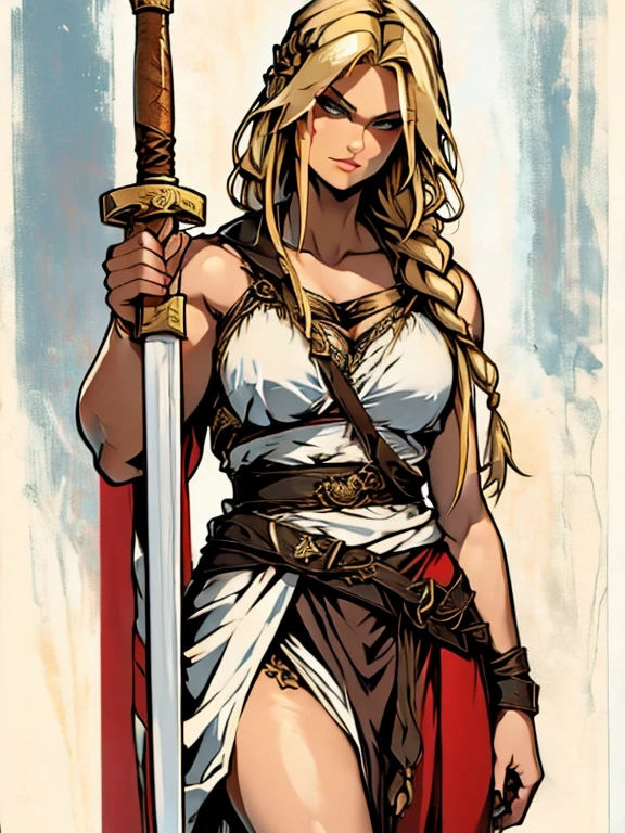 Blonde woman, braided hair, using a greek sword xiphos, fierce attitude