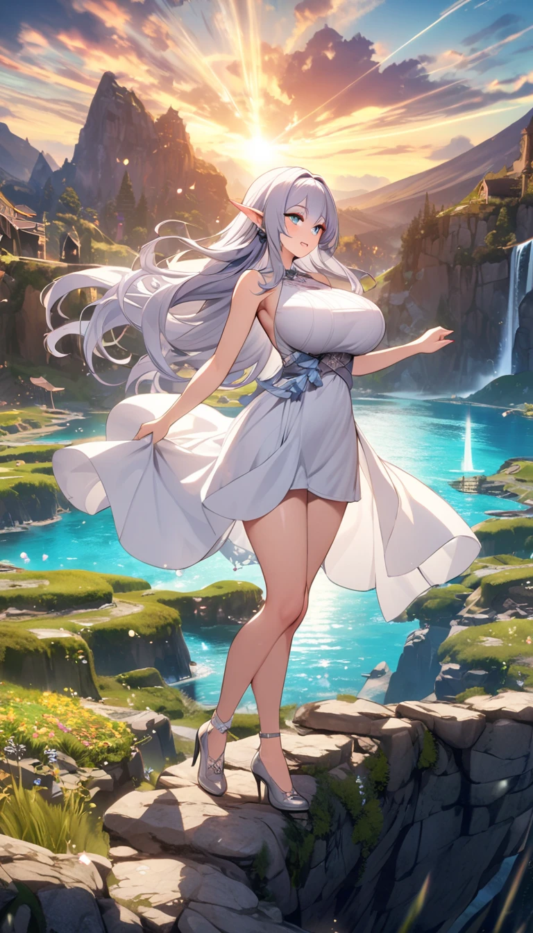 Elf, dress,Big Breasts, long hair,fantastic background