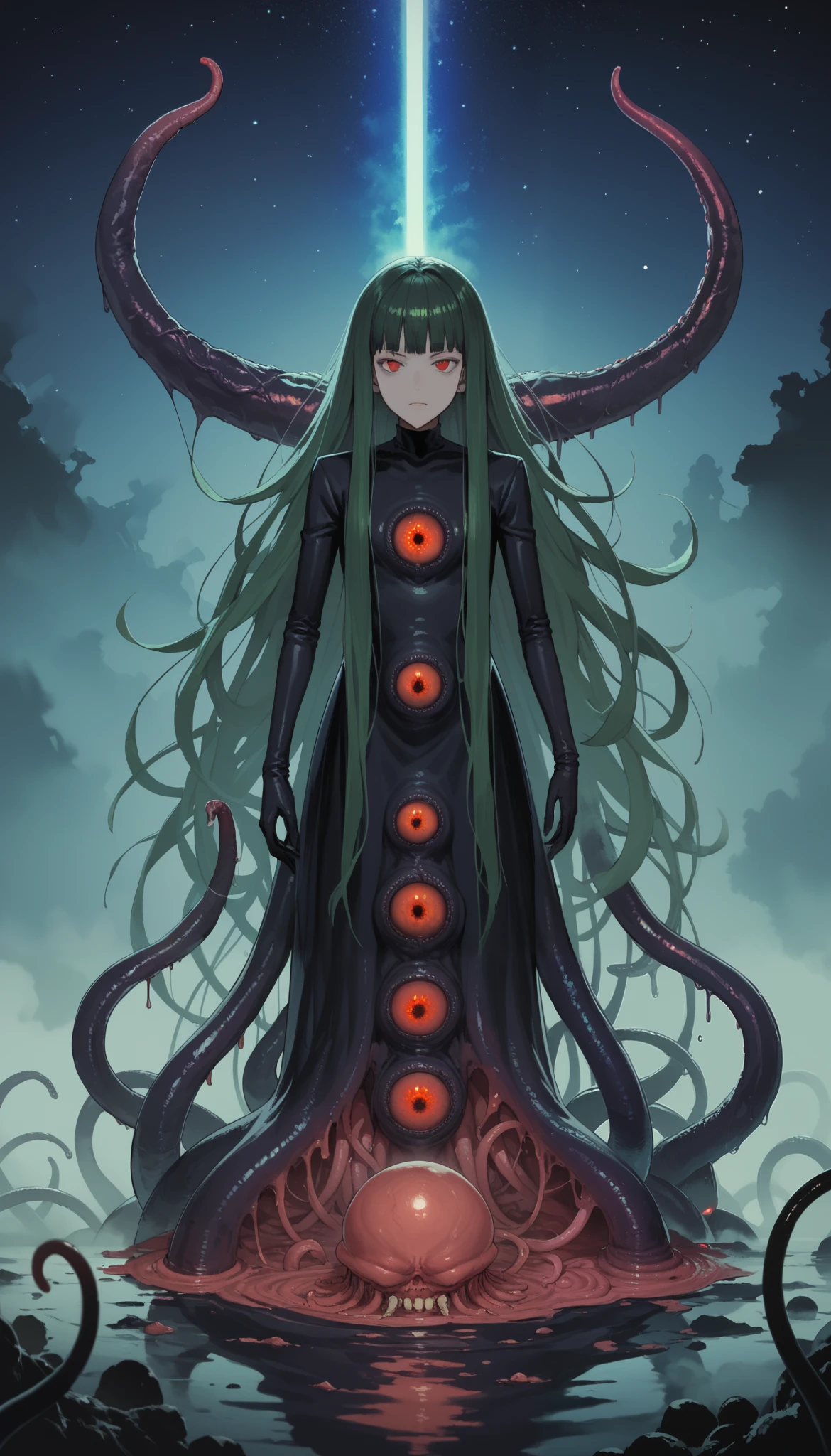 Score_9, score_8_up, score_7_up, score_6_up, source_anime, rating:general, 1girl, full body, nyarlathotep, green hair, very long hair, red eyes, tentacles, eyeballs, lovecraftian, eldritch abomination, fog, mist, decay, miasma, orbs, the gate and the key, cosmic horror, cosmos, space, hp_lovecraft_style