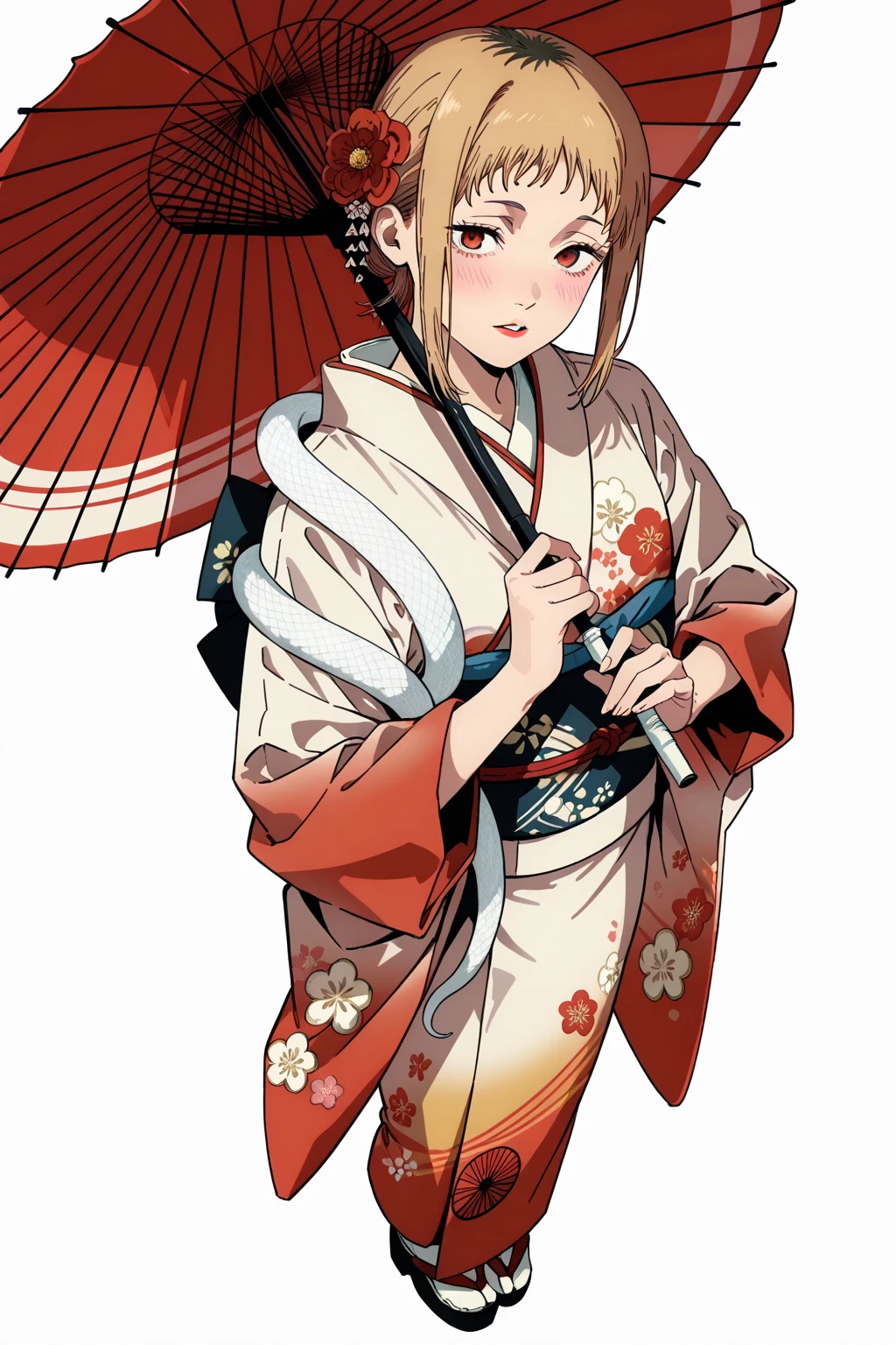 (Sh1r3n:1.2), chainsaw_man_style, 1girl, sawatari akane \(chainsaw man\), chainsaw man, 1girl, from above, umbrella, oil-paper umbrella, japanese clothes, kimono, flowers print, red umbrella, holding umbrella, 1girl, print kimono, hair flower, hair ornament, solo, holding, red eyes, red kimono, parasol, long sleeves, standing, wide sleeves, blush, looking at viewer, short hair, parted lips, full body, obi, bangs, red lips, sash, white umbrella, white background, furisode, tabi, white legwear, white background, white snake wrapped around the arm.