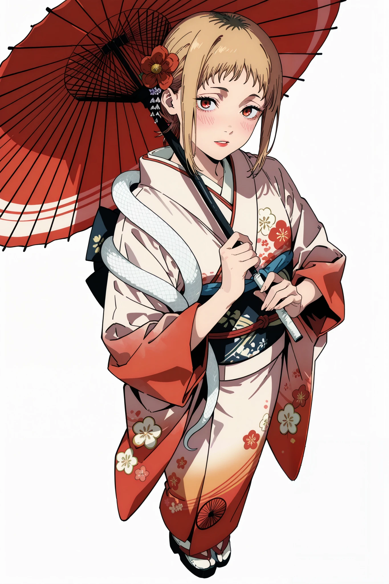 (Sh1r3n:1.2), chainsaw_man_style, 1girl, sawatari akane \(chainsaw man\), chainsaw man, 1girl, from above, umbrella, oil-paper umbrella, japanese clothes, kimono, flowers print, red umbrella, holding umbrella, 1girl, print kimono, hair flower, hair ornament, solo, holding, red eyes, red kimono, parasol, long sleeves, standing, wide sleeves, blush, looking at viewer, short hair, parted lips, full body, obi, bangs, red lips, sash, white umbrella, white background, furisode, tabi, white legwear, white background, white snake wrapped around the arm.