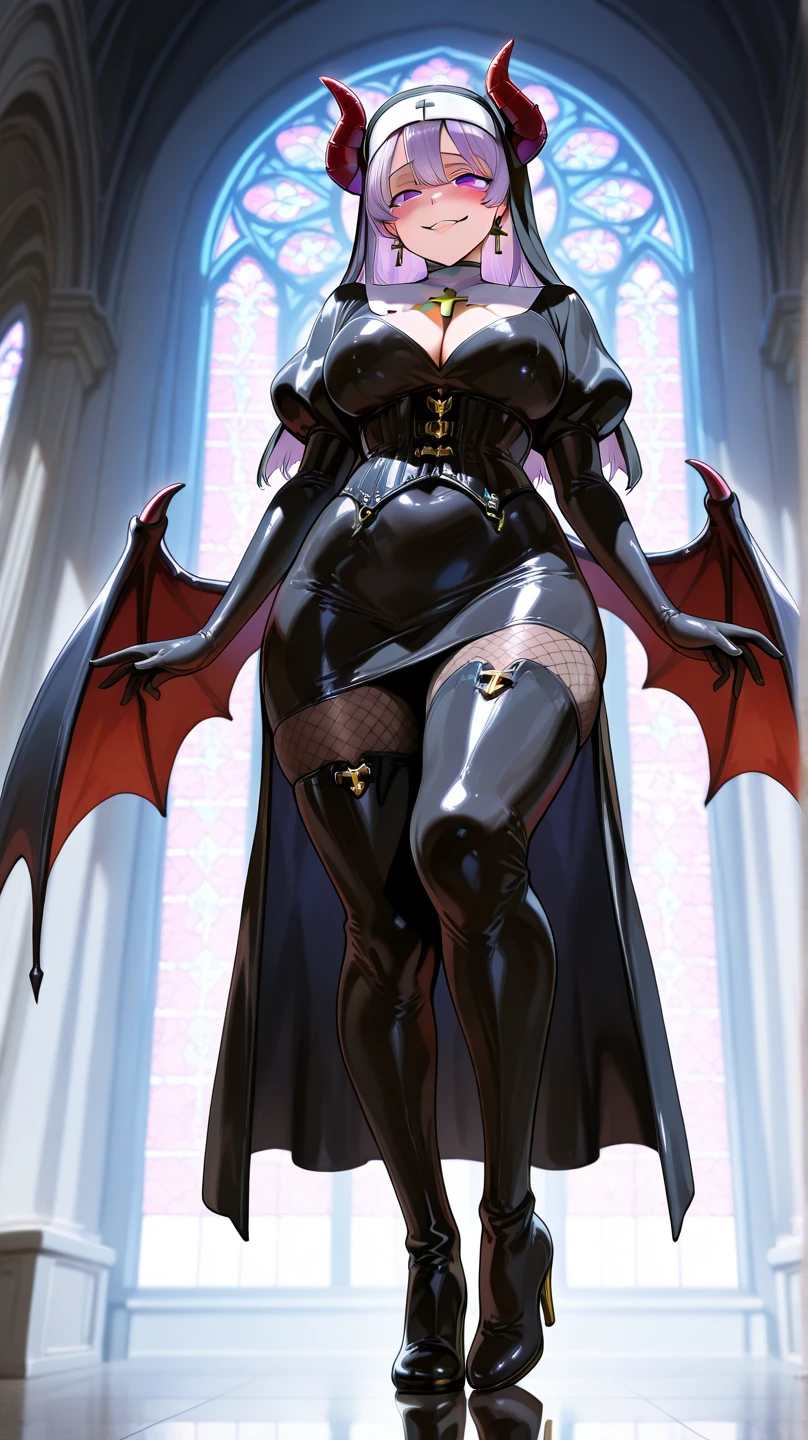 1 mature woman,(masterpiece, top quality, very detailed depiction, incredibly absurd high definition,),(Devil horns,Devil&#39;s Wings:1.3), devil and nun fusion , evil , long silvery hair , side lock,Blunt buns, princess cut,Nun outfit and bodysuit fusion,魅力的な Perfect Female Proportions , enchanting smile,Beautifully detailed black latex nun bodysuit, Cross , cleavage in years,knitted corset , EXTRA SHINY FABRIC , very wrinkled fabric ,Puffy sleeves,Elbow gloves,gem,High quality skin,Reflective fabric,Super beautiful detailed background,Sexy cutout,From below, church background,Earrings, earrings for women with first name, Cross が描かれた聖なるローブ,( pantyhose:1.2),A female ************************* wearing a 30 denier ,Tight mini straight skirt, very shiny wrinkled clothes , Perfect Female Proportions , Ideal Body Proportions, Attractive Proportions, Tight Woman , curvy ,Very beautifully detailed face girl,face focus,( evil な笑顔, Sadistic , erotic,Seductive eyes:1.3, purple eyes, looks down on you),( provocative,Enchanted, fascinated , excited, naughty face :1.2),blush, crazy smile, bodystocking , fishnet tights, high heels, thigh high boots,真From belowの視点,
