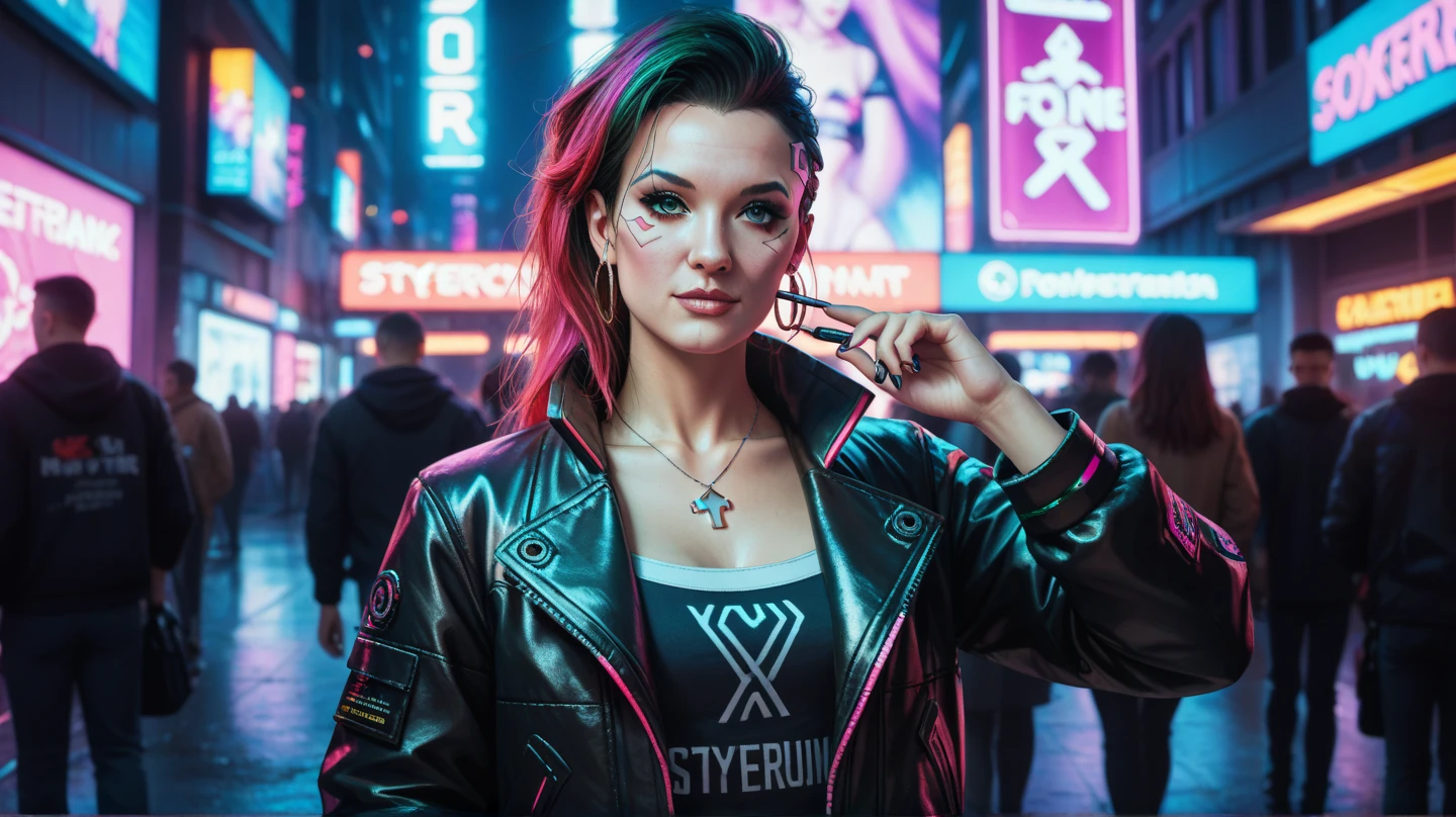 Cyberpunk Era photograph of kat3mara-135, Photon-lit curls, smoky eyes wearing tattered leather coat and pants, holographic shirt, (cybernetic eye implant),Tech-infused red district, interactive billboards, SFW, bright glossy eyes