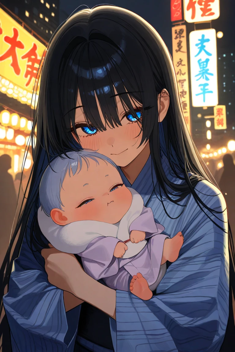 ((The woman is leaning against an old man, holding a baby.))、((Highest quality)), ((masterpiece)), (detailed), （Perfect Face）、The woman is Aoki Reika, with midnight blue semi-long hair, wearing a luxurious and glittering kimono, her hair tied in a Japanese style, and she is wearing an engagement ring.、The woman is happily nestled against her elderly husband in their traditional Japanese-style bedroom at night, cuddling their baby.、The old man is wearing an engagement ring
