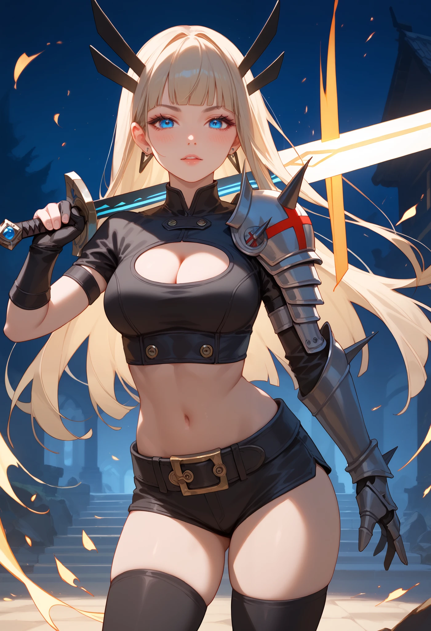 (harayutaka art style:0.7), score_9, score_8_up, score_7_up, score_6_up, uncensored, olgamarie, yellow eyes, white hair, long hair, side braid, BREAK (masterpiece:1.2), best quality, high resolution, (detailed eyes:1.3), perfect lighting, (perfect hands, perfect anatomy), large breasts, sagging breast, silver hair, outfit-gantz, latex breast curtains, sword, holding sword, (shield:1.3), (holding shield:1.3), field, bokeh, hair flowing over, white_legwear, abandoned building, electricity, hollow eyes, expressionless, parted lips,