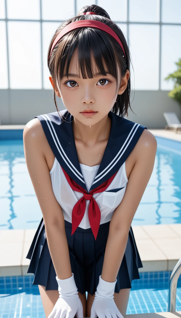  wet Japanese female middle school student 、masterpiece 、  top quality 、 Super high resolution、 realistic、 beautiful lighting arranged in an orderly manner、  RAW photos 、4K Ultra HD、  super detailed face、Clear Face、 Staring at the Audience 、mischievous face 、Detailed eye、 beautiful eyes、1080P、 tan dark skin 、 black hair,   wet hair、 short bob cut , bangs、 Ponytail、 horny 、 skinny young gravure idol 、((( face up、 face up)))、 Portrait、Detailed eye detail，目 with beautiful details，  glossy lips ，  double eyelid ，  has long eyelashes、 Red Headband 、 white gloves 、((( small chest with tension、Separated Breasts 、 tight breasts)))、(( blue sky、small outdoor pool 、 blur background)),(((Wet Japanese Female Middle School Student 、 Red ribbon、 navy sailor color 、sailor cuffs、 pleated skirt 、 black high socks、 pleated skirt の中に艶無し黒ショートパンツも履く)))、 school swimsuit、(((She looks at viewers in a mid-waist position )))、( perfect anatomy)、 break ((Upper eyelid))、(((Wear )))、 thin beautiful thighs 、 beautifully manicured hair 、 oily skin 、Five fingers、Two arms、2 Legs 