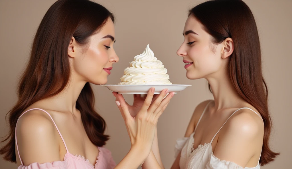 Two beautiful young women in dresses.  The woman on the left is pressing a plate full of thick, white cream, cream side first against the face of the woman on the right.  Both women have their fingernails painted.