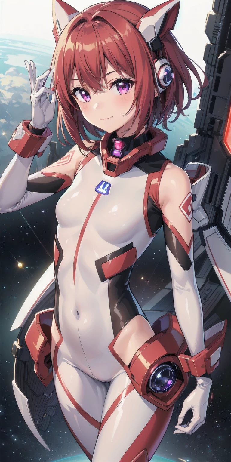 1girl, solo, tailred, medium hair, red hair, perfect face, purple eyes, looking at viewer, cute, smile, :3, uwu, closed mouth, small breasts, (shiny white latex bodysuit:1.2), white elbow gloves, space in background, cowboy shot, scifi, masterpiece, high resolution, best quality,