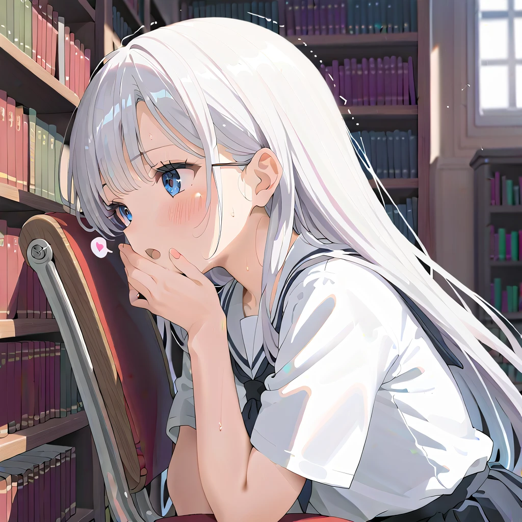 (masterpiece,beautiful,hughres,CG,8k,16k,best quality,high-resolution,detailed eyes:1.5),anime,source anime,illustration,(face close up:1.2),from side,(1girl,Alone:1.5),(school,Library,Bookshelf,machine,chair:1.5),Glass window,(Open book),(head down:1.6),( reading a book),machineに突っ伏す,profile,(white hair:1.5),blue eyes,(very long hair,straight hair,bangs:1.4),(school uniform,white shirt,pleated skirt,black skirt:1.3),small breasts,(sitting),hand over own mouth, covering own mouth,(masturbation:1,3),(female orgasm:1.3),(trembling:1.4),(gasping,heavy breathing,blush:1.5),(impatience1.1),flustered,(fidgeting around:1.4),(steam:1.2),(sweat skin,sweat:1.4),(streaming tears:1.3),(drooling:1.1),(looking away:0.5),(looking down:1.4),(spoken heart:1.3),(narrow one's eyes:1.6),(open mouth:1.2)