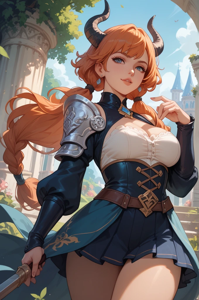 1woman, cleavage, in a castle dungeon, hands holding own hips, smirk, medium breasts, wide hips, big ass, Anna Henrietta