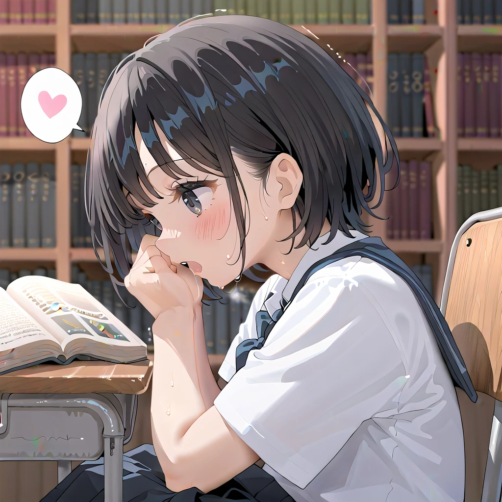 (masterpiece,beautiful,hughres,CG,8k,16k,best quality,high-resolution,detailed eyes:1.5),anime,source anime,illustration,(face close up:1.2),from side,(1girl,Alone:1.5),(school,Library,Bookshelf,machine,chair:1.5),Glass window,(Open book),(head down:1.6),( reading a book),machineに突っ伏す,profile,(black hair:1.5),black eyes,(short hair,bangs:1.4),(school uniform,white shirt,pleated skirt,black skirt:1.3),small breasts,(sitting),hand over own mouth, covering own mouth,(masturbation:1,3),(female orgasm:1.3),(trembling:1.4),(gasping,heavy breathing,blush:1.5),(impatience1.1),flustered,(fidgeting around:1.4),(steam:1.2),(sweat skin,sweat:1.4),(streaming tears:1.3),(drooling:1.1),(looking away:0.5),(looking down:1.4),(spoken heart:1.3),(narrow one's eyes:1.6),(open mouth:1.2)