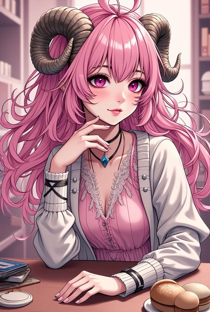 masterpiece:1.3,  highres icon:1.3, WOMAN A IS SUCUBUS WOMAN \  BREAK WOMAN B IS PINK FLUFFY HAIR WOMAN \round sheep horn \Thick eyebrows\ pink dress\ LIGHT COLOR CARDIGAN BREAK A puts a wobble on B's chin