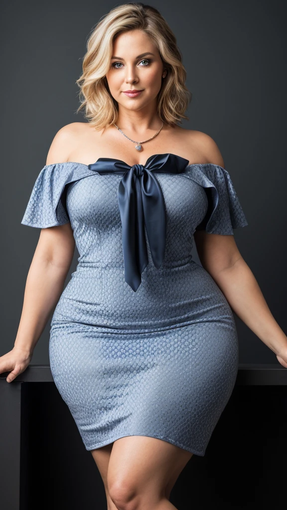 1 mature woman in, 60 years old, Alone, medium casual hair, Bob hair, curvy body, Looking at Viewer, grayblondehair, Bare shoulders, Brown eyes, jewely, Full body, a necklace, off shoulders, (wearing elegant patterned yellow heart tie dresses ), Distant photo, Realistic, A sexy one, beautiful colour, Perfect skin, 3 bust size, instagram (Realistic, A high resolution),photo size 3:4, 1 cute sexy mature woman, large expressive blue eyes, happy, (8K, raw photo, Best quality, High detail, curvaceous forms, curvy body, seductive pose, in the studio Foto with three ports lighting, with black wall background. Her back is turned to the photographer.