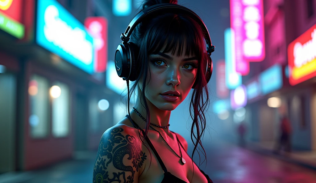 Futuristic female with ear phones, She has an "Eye of Horus" egipcian tattoo on her neck, Add a bold, neon "Tangos Vandals" sign in the scene. image horizontal.