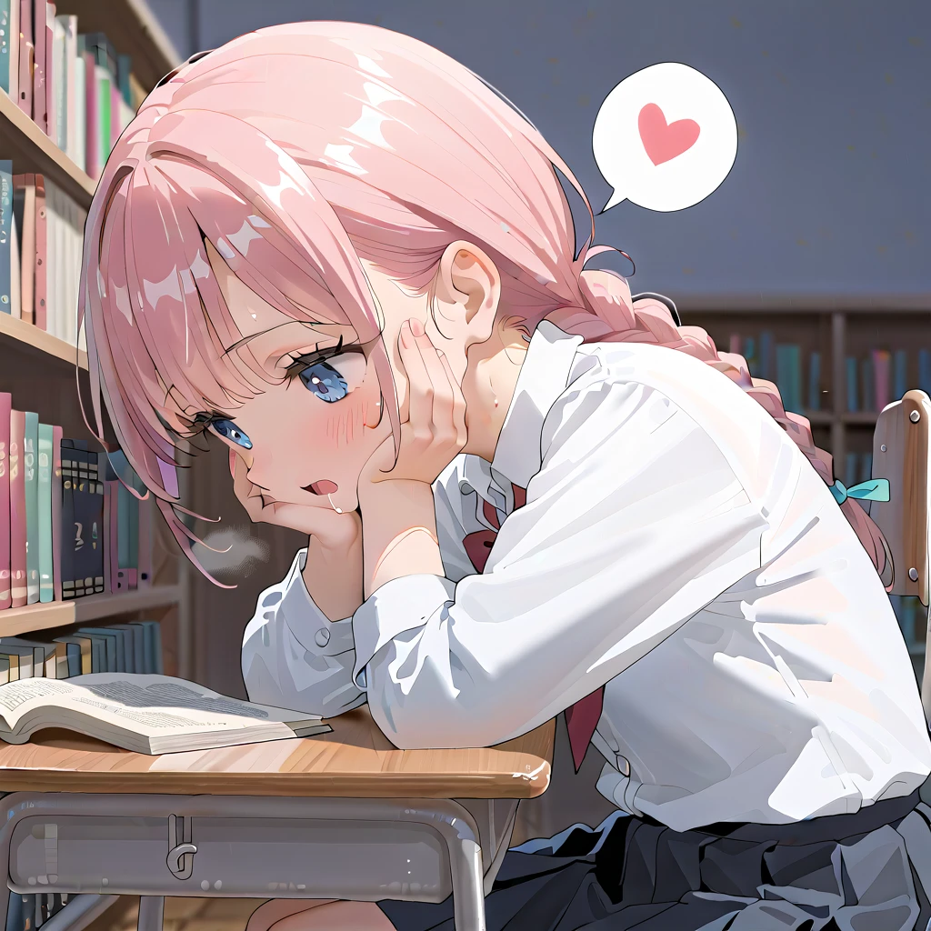 (masterpiece,beautiful,hughres,CG,8k,16k,best quality,high-resolution,detailed eyes:1.5),anime,source anime,illustration,(face close up:1.2),from side,(1girl,Alone:1.5),(school,Library,School desk,School Chair:1.5),( sits on a chair:1.2),Bookshelf,Glass window,(Open book),(head down:1.5),( reading a book),profile,(pink hair:1,5),blue eyes,(ahoge:0.2),(braided hair,twintails,bangs:1.4),(school uniform,white shirt,pleated skirt,black skirt:1.3),small breasts,(sitting),hand over own mouth, covering own mouth,(masturbation:1,3),(female orgasm:1.3),(trembling:1.4),(gasping,heavy breathing,blush:1.5),(impatience1.1),flustered,(fidgeting around:1.4),(steam:1.2),(sweat skin,sweat:1.4),(streaming tears:1.3),(drooling:1.1),(looking away:0.5),(looking down:1.4),(spoken heart:1.3),(narrow one's eyes:1.6),(open mouth:1.2)