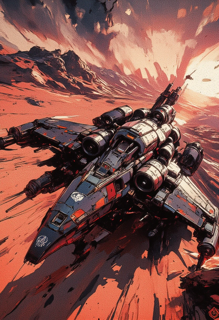 in the style of ck-mgs, A digital artwork in the style of cknc, a futuristic, highly advanced variable space fighter, small armoured spacecraft, flying rapidly over a rocky, arid planet. The fuselage is dark and has military insignia, and has a large air intake.  The sky has dark clouds, and is a surreal red, sunset