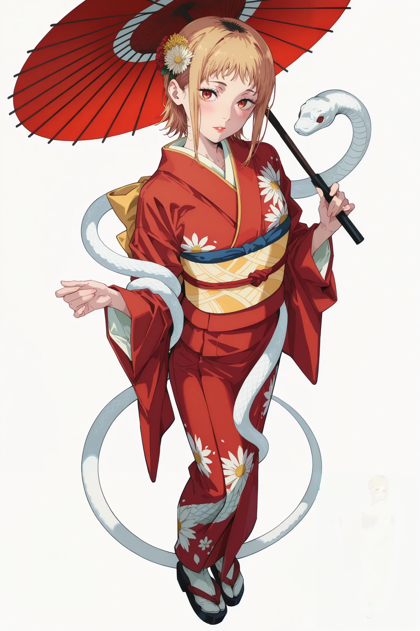 (Sh1r3n:1.2), chainsaw_man_style, 1girl, sawatari akane \(chainsaw man\), chainsaw man, 1girl, from above, umbrella, oil-paper umbrella, japanese clothes, kimono, flowers print, red umbrella, holding umbrella, 1girl, print kimono, hair flower, hair ornament, solo, holding, red eyes, red kimono, parasol, long sleeves, standing, wide sleeves, blush, looking at viewer, short hair, parted lips, full body, obi, bangs, red lips, sash, white umbrella, white background, furisode, tabi, white legwear, white background, white snake wrapped around the arm.