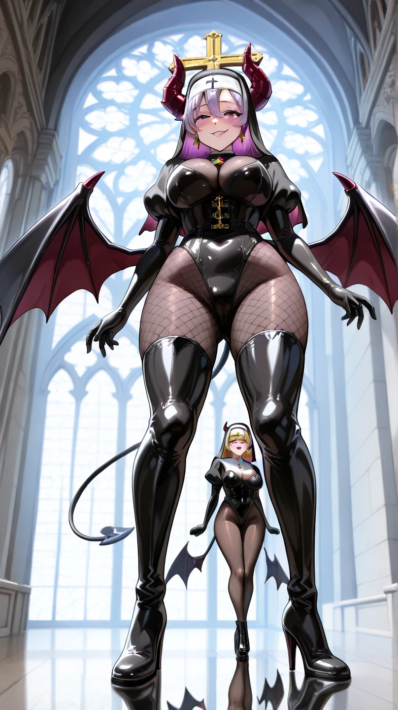 1 mature woman,(masterpiece, top quality, very detailed depiction, incredibly absurd high definition,),(Devil horns,Devil&#39;s Wings:1.3),( devil and nun fusion , evil ,Nun outfit and bodysuit fusion,Beautifully detailed black latex nun leotard bodysuit,knitted corset , EXTRA SHINY FABRIC , very wrinkled fabric ,Puffy sleeves,Elbow gloves,gem,High quality skin,Reflective fabric, Cross , bodystocking ,Earrings, earrings for women with first name, Cross が描かれた聖なるローブ,( pantyhose:1.2),A female ************************* wearing a 30 denier , very shiny wrinkled clothes , fishnet tights, high heels, thigh high boots),( long silvery hair ,魅力的な Perfect Female Proportions , enchanting smile, cleavage in years, Perfect Female Proportions , Ideal Body Proportions, Attractive Proportions, Tight Woman , curvy ,Very beautifully detailed face girl,face focus,( evil な笑顔, Sadistic , erotic,Seductive eyes:1.3, purple eyes, looks down on you),( provocative,Enchanted, fascinated , excited, naughty face :1.2),blush,Super beautiful detailed background,Sexy cutout, church background,View from directly below,