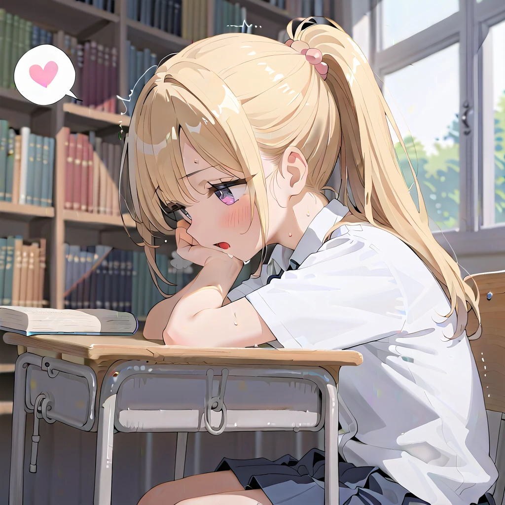 (masterpiece,beautiful,hughres,CG,8k,16k,best quality,high-resolution,detailed eyes:1.5),anime,source anime,illustration,(face close up:1.1),from side,(1girl,Alone:1.5),(school,Library,School desk,School Chair:1.5),( sits on a chair:1.2),Bookshelf,Glass window,(Open book),(head down:1.5),( reading a book),profile,(blonde hair:1.5),pink eyes,(ponytail:1.4),(school uniform,white shirt,pleated skirt,black skirt:1.3),small breasts,(sitting),hand over own mouth, covering own mouth,(MASTURBATING UNDER PANTIES),(female orgasm:1.3),(trembling:1.4),(gasping,heavy breathing,blush:1.5),(impatience1.1),flustered,(fidgeting around:1.4),(steam:1.2),(sweat skin,sweat:1.4),(streaming tears:1.3),(drooling:1.1),(looking away:0.5),(looking down:1.4),(spoken heart:1.3),(narrow one's eyes:1.6),(open mouth:1.2)