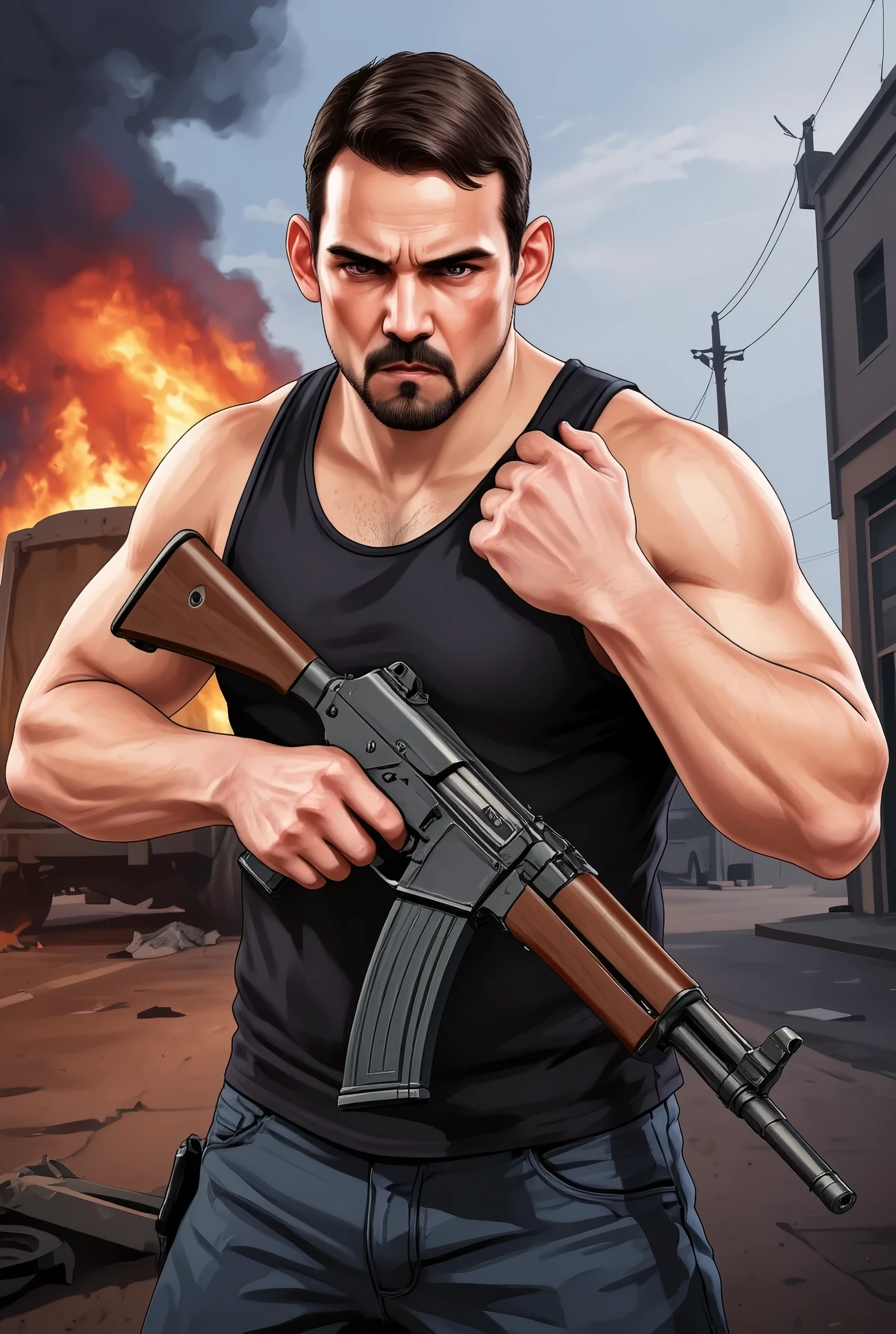 Cartoon art, GTA V Style. a young man, about 30 years old, in dynamic pose, holding a AK-47, angry face , in action scene, dynamic Angle, handsome man, detailed illustration, vivid colors, burning car in background. 