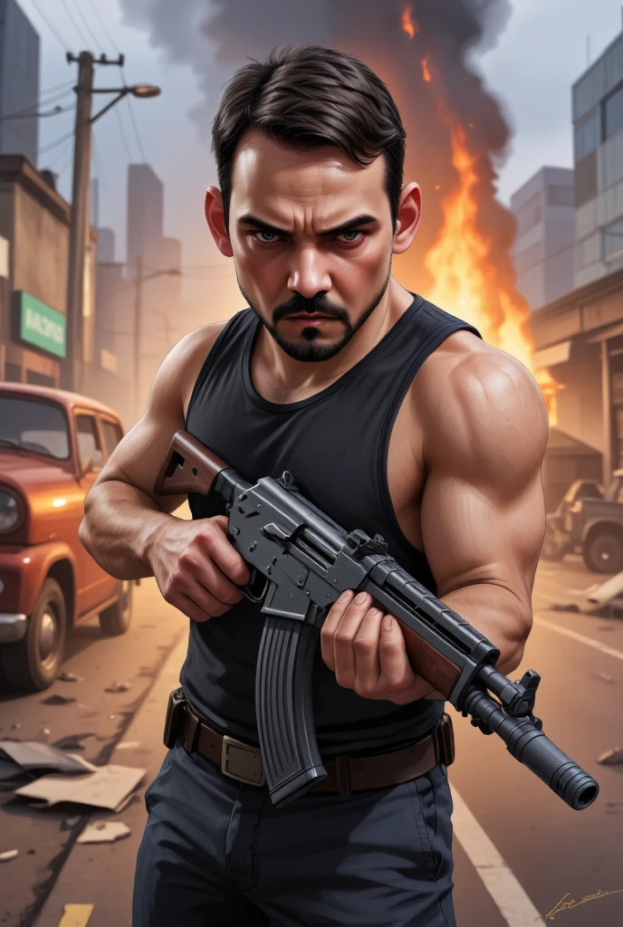 Cartoon art, GTA V Style. a young man, about 30 years old, in dynamic pose, holding a AK-47, angry face , in action scene, dynamic Angle, handsome man, detailed illustration, vivid colors, burning car in background. 