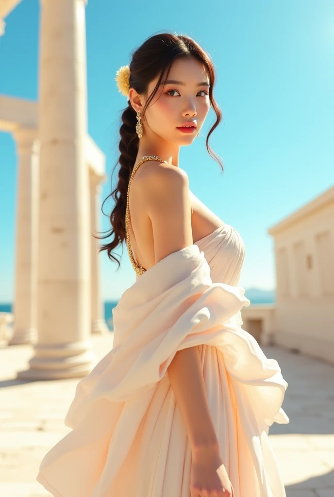 (masterpiece), (best quality), photorealism, realistic, ultra detailed, perfect face, perfect body, 1girl, beautiful girl, Greek goddess, Greek clothes,peplos, stand, cool pose, sexy, view from below, standing in the middle of the street, busy street, ancient greece