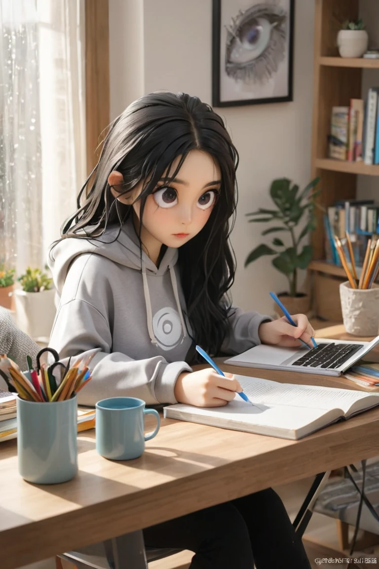  1 girl, in extrem enge hoody, Is home doing homework, long hair,  black hair , Lens reflection,  reflecting light , high resolution,  masterpiece, Look at the tray , Spiral eyes, 