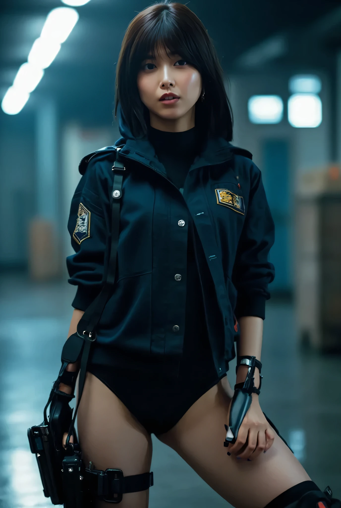 ( one woman),(((masterpiece:1.5))),( top quality:1.5),( high resolution:1.5),(UHD:1.5),( movie lights:1.5),( Delicate Depiction),(( carefully depicts limbs based on perfect anatomy)),(  carefully drawn with butterfly wings ))),8k,  cute face,Beautiful well-balanced face ,( 20 year old Japanese woman), professional photoshoot, ( Glamorous Shots of Japanese Women ),((Navy blue police force style super high leg bodysuit:1.9)),((ultra high leg bodysuit:1.5)),(( tight bodysuit that fits the body)),((  earphones:1.5)),(((Tactical Holster:1.5))),( gloves:1.5), full body shot , ultra detail,超 high resolution, Draw eyelashes carefully, (( perfect body line )),(( Ideal Proportions )), realistic skin texture ,( long hair with bangs :1.5),( black hair:1.5),( beautiful eyes:1.3),( very detailed face :1.5),(( very detailed drawing of a woman's hand:1.5)),(( muscularity:1.5)),((Bite pussy:1.3)), crotch penetration, super high leg ,(Sexy appearance:1.5),(( big breasts:1.5)),( Protruding Nipples),(((Bare thighs:1.5))),((Voluptuous thighs:1.5)),( beautiful body:1.5),Anime-like glamorous body ,((Very sensual:1.5)),Women with Ideal Body Lines ,(((I have a futuristic gun)),(A dark, futuristic warehouse:1.5),(cyberpunk atmosphere:1.5),((( Blurry Backgrounds :1.5)))