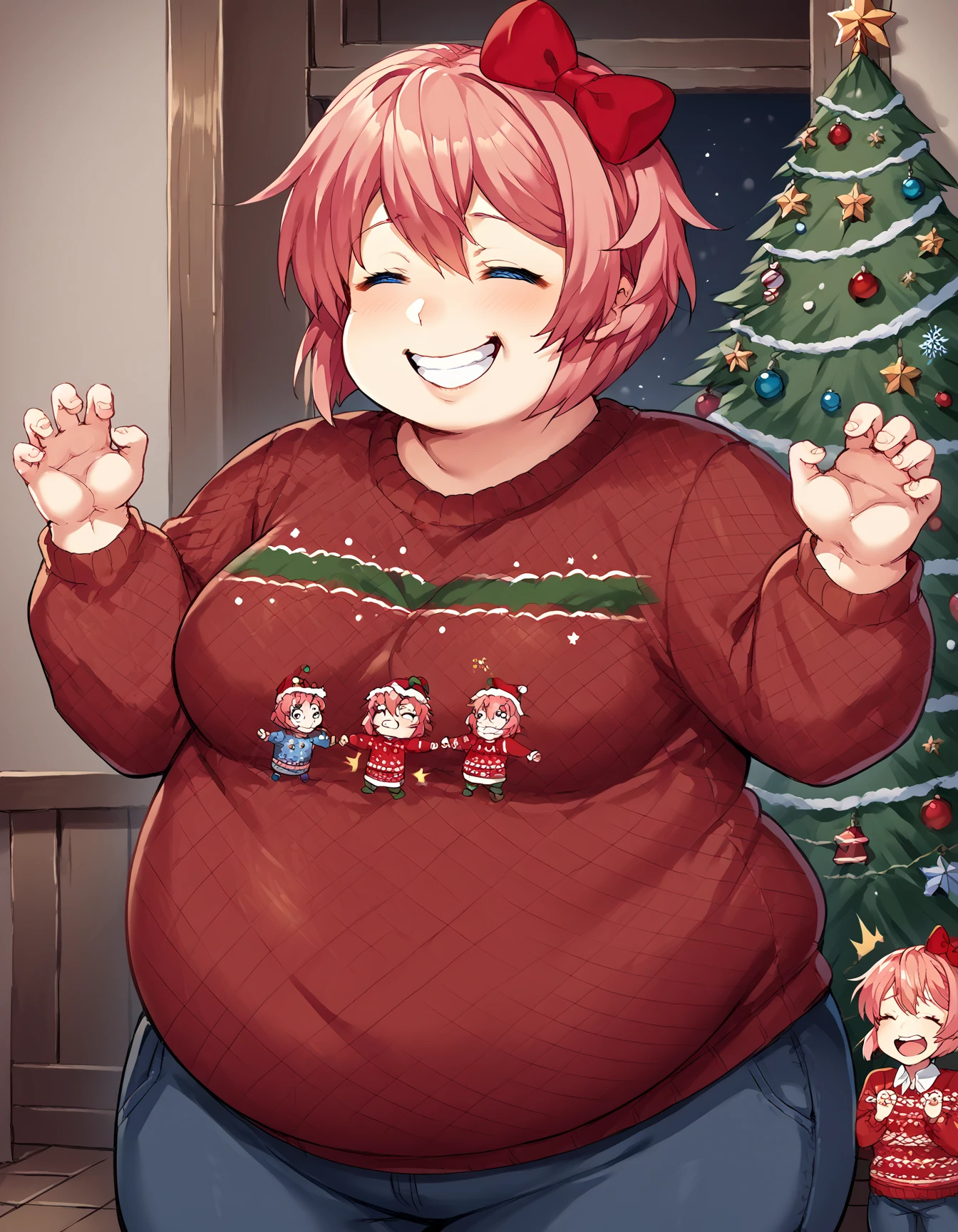 (((baby))), (((cute little))), (((christmas suit, short skirt, masterpiece, 4k ))), ((pink hair)), ((chubby)), (((obese))), ((fat face)), (((big belly))), (((open mouth))), fat wide thighs, belly, (((tender pose ))), (((in a room))), detailed background, ((full body image)),