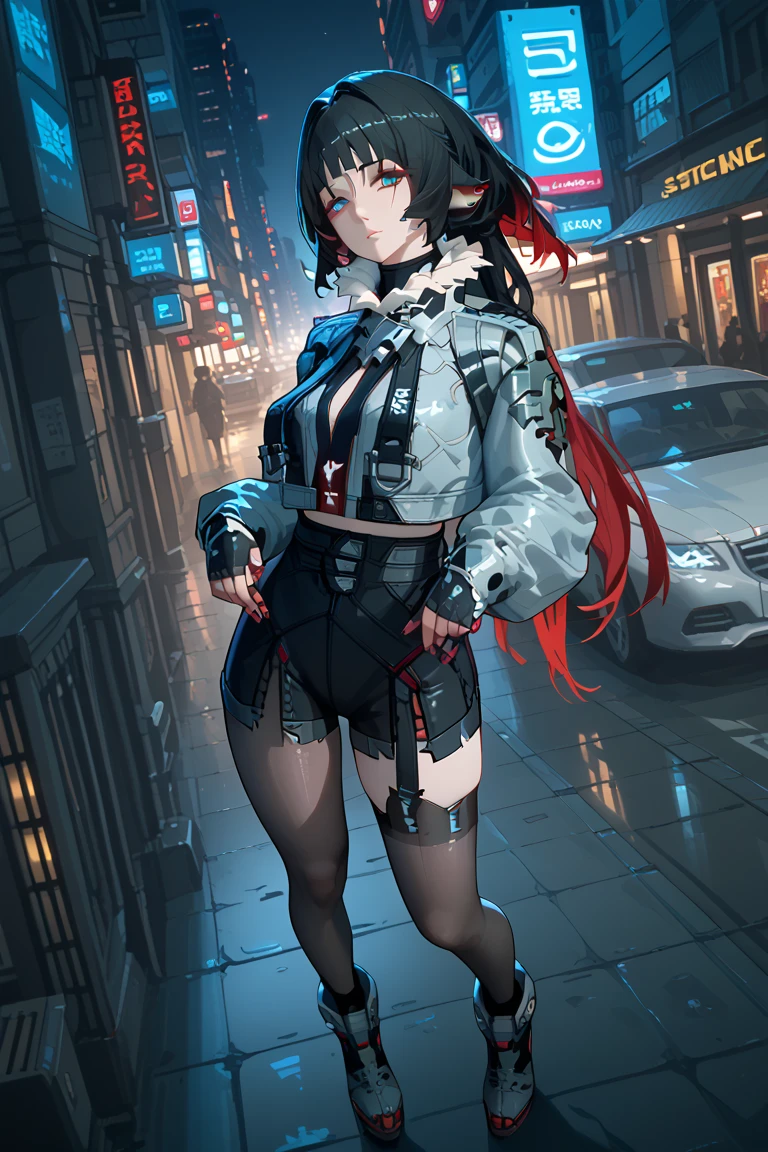 yanedoe- zzz sexy, aqua eyes, long hair, black hair,  red hair ,  Animal ears,  looks at the viewer ,  full length,  the body is completely 1.1.,  correct anatomy 1 .1., very sexy,  sexy pose, Above the building, I look at the city,  facing the viewer , night city, cyberpunk street, 