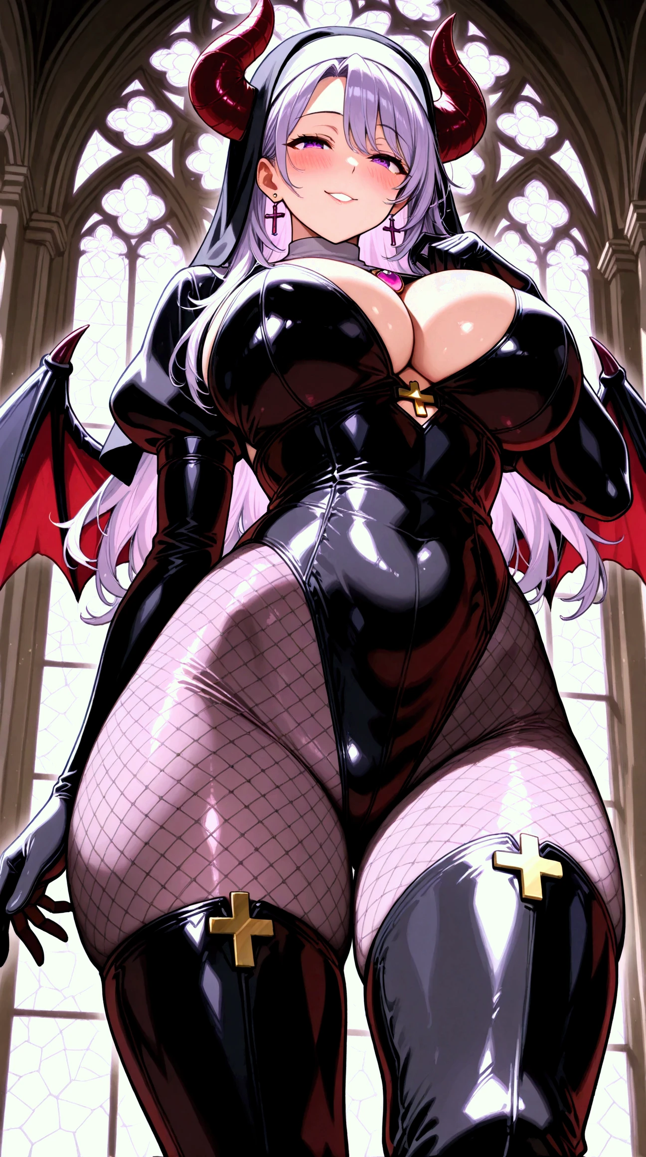  1 Mature, Bewitching Dark Elf Woman,(masterpiece:1.3, top quality :1.3, very detailed depiction:1.3, incredible high definition :1.3,High quality anime drawings),( Halloween witch overlooking the town:1.3),(sexy witch costume, witch hat, Red Latex , corset, luxury accessories , earrings for women with first name, necklace,Bracelet, fishnet tights, black high heels),(Glowing purple eyes, half-closed eyes,Captivating Gaze , big breasts, bewitching smile,Glossy lipstick, flashy makeup, eyeshadow,Seductive gestures,Beautiful legs, brown skin next to a woman:1.3), cowboy shot, view from below:1.3