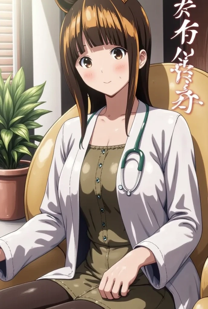 1girl, solo, looking at viewer, short hair, brown hair, brown eyes, pantyhose, lips, coat, plant, couch, realistic, labcoat, stethoscope, blinds, doctor,horseoilsocks