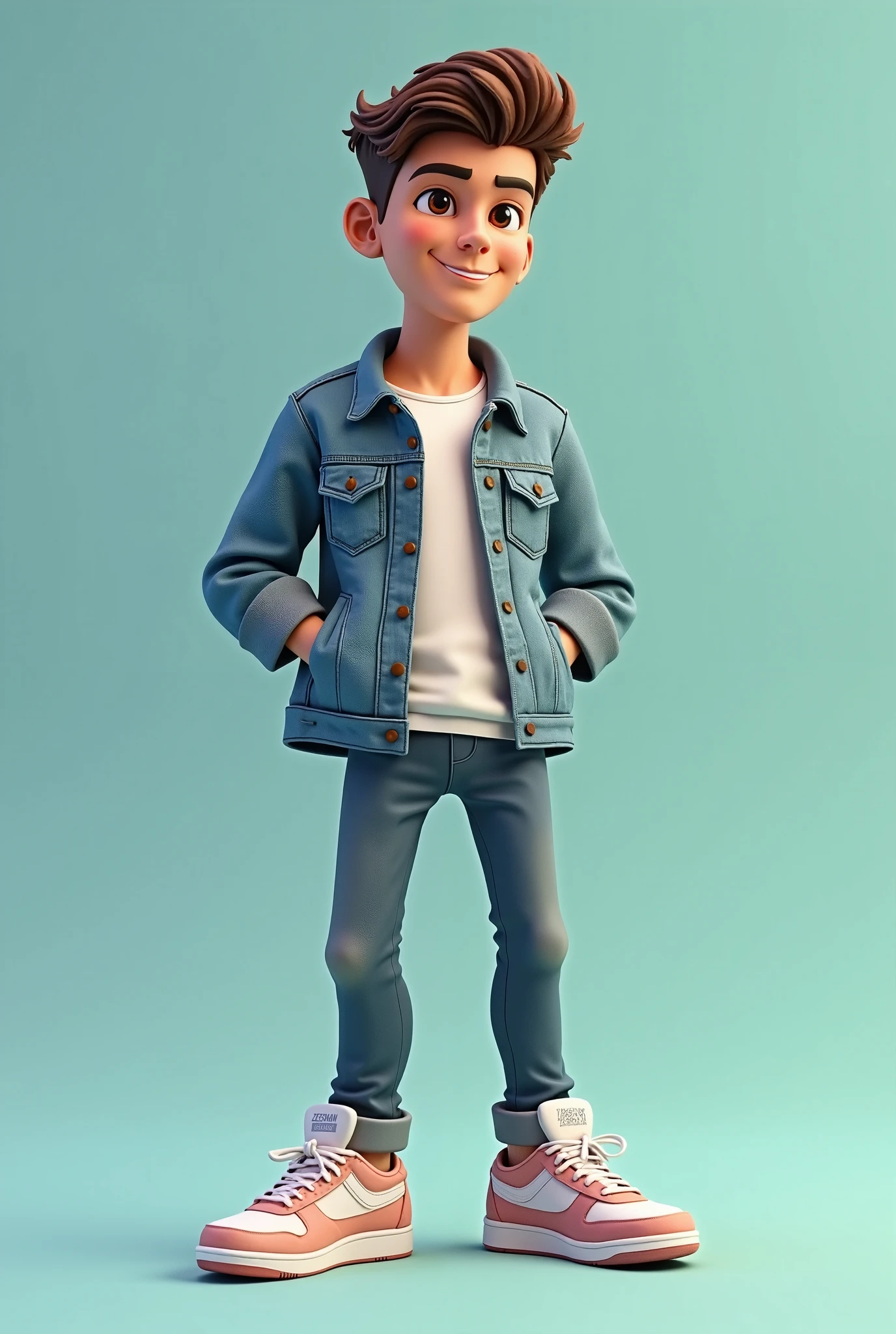 Create a 3D illustration card of social media app 'WhatsApp'. The pic of handsome boy must wear visually modern clothing such as a jeans jacket and sneakers. The background of the image is a social media profile page with a username 'ZEESHAN' and a profile picture that matches."