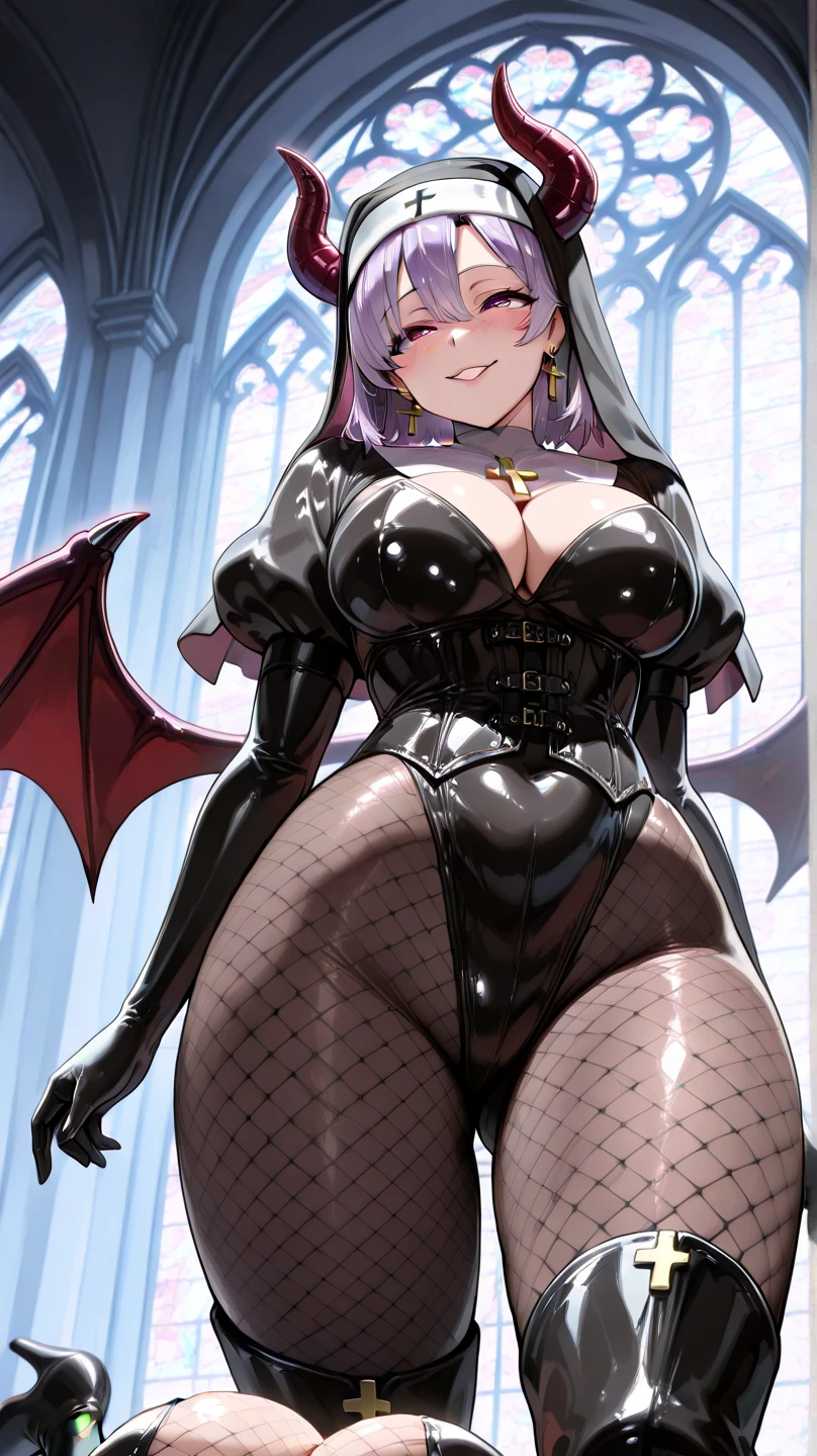 1 mature woman,(masterpiece, top quality, very detailed depiction, incredibly absurd high definition,),(Devil horns,Devil&#39;s Wings:1.3),( devil and nun fusion , evil ,Nun outfit and bodysuit fusion,Beautifully detailed black latex nun leotard bodysuit,knitted corset , EXTRA SHINY FABRIC , very wrinkled fabric ,Puffy sleeves,Elbow gloves,gem,High quality skin,Reflective fabric, Cross , bodystocking ,Earrings, earrings for women with first name, Cross が描かれた聖なるローブ,( pantyhose:1.2),A female  wearing a 30 denier , very shiny wrinkled clothes , fishnet tights, high heels, thigh high boots),( long silvery hair ,魅力的な Perfect Female Proportions , enchanting smile, cleavage in years, Perfect Female Proportions , Ideal Body Proportions, Attractive Proportions, Tight Woman , curvy ,Very beautifully detailed face girl,face focus,( evil な笑顔, Sadistic , erotic,Seductive eyes:1.3, purple eyes),( provocative,Enchanted, fascinated , excited, naughty face :1.2),blush,Super beautiful detailed background,Sexy cutout, church background, point of view looking up from below:1.5, look down:1.5