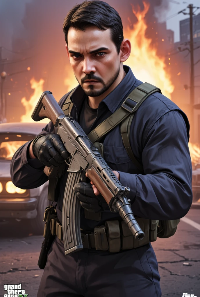 Cartoon art, GTA V Style. a young man, about 30 years old, in dynamic pose, ((wearing a Call of Duty suit style)) , holding a AK-47, angry face , in action scene, dynamic Angle, handsome man, detailed illustration, vivid colors, burning car in background. 