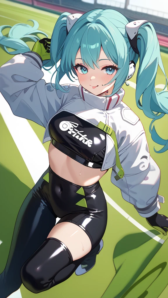 Racing Miku, aqua hair, Black latex bodysuit, midriff-baring, revealing, Cropped jacket, White jacket, Long sleeve, Two-tone gloves, Thigh-high boots, seductive expression, seductive body language, sweat glistening, blushing, licking lips, detailed facial features, intricate clothing folds, high quality, on race track, full body