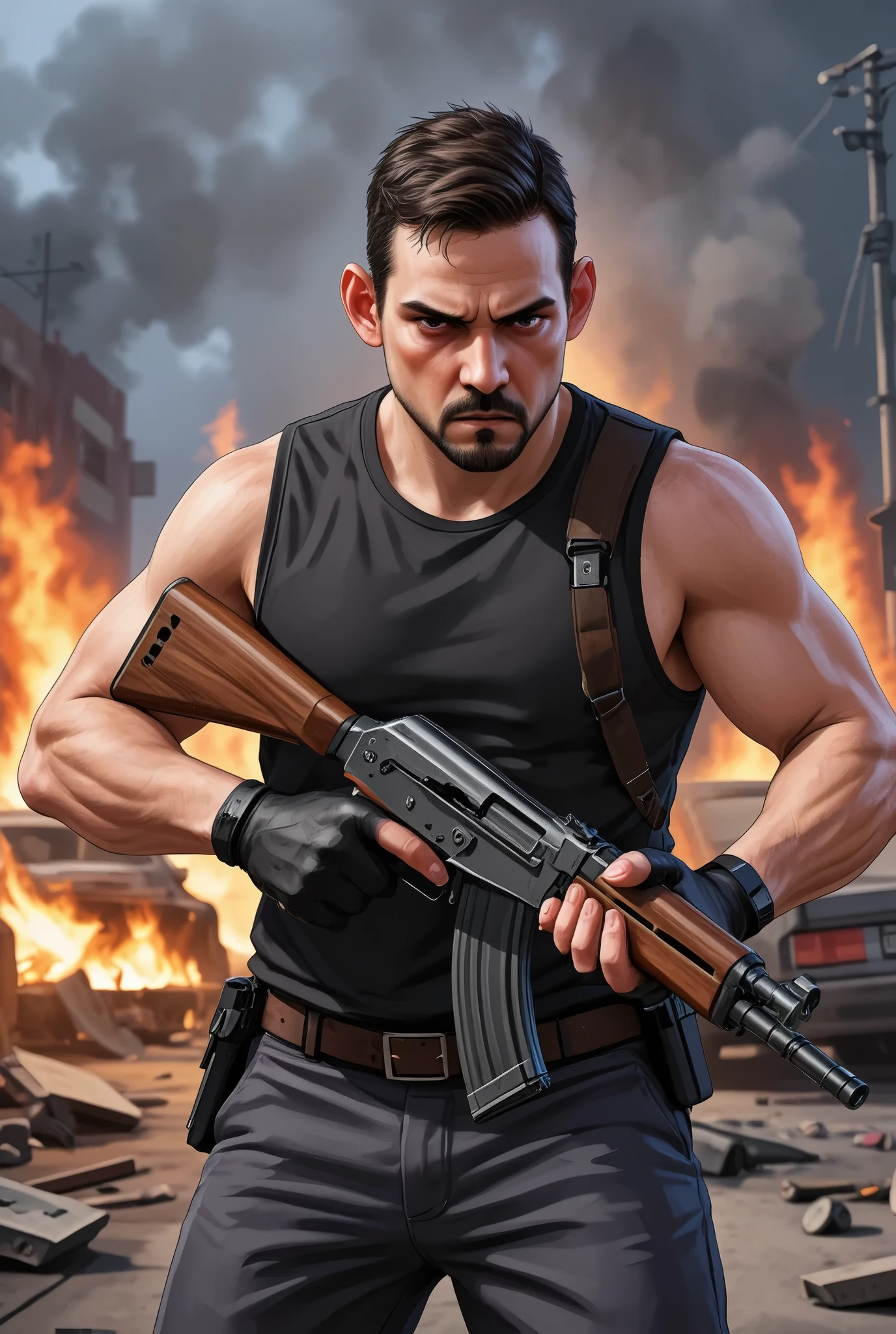 Cartoon art, GTA V Style. a young man, about 30 years old, in dynamic pose, holding a AK-47, angry face , in action scene, dynamic Angle, handsome man, detailed illustration, vivid colors, burning car in background. 