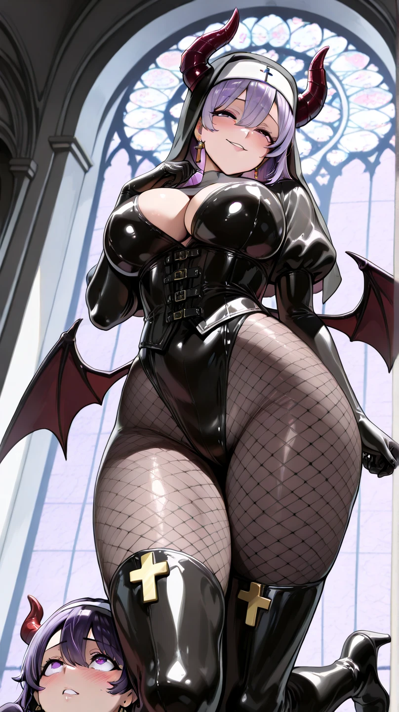 1 mature woman,(masterpiece, top quality, very detailed depiction, incredibly absurd high definition,),(Devil horns,Devil&#39;s Wings:1.3),( devil and nun fusion , evil ,Nun outfit and bodysuit fusion,Beautifully detailed black latex nun leotard bodysuit,knitted corset , EXTRA SHINY FABRIC , very wrinkled fabric ,Puffy sleeves,Elbow gloves,gem,High quality skin,Reflective fabric, Cross , bodystocking ,Earrings, earrings for women with first name, Cross が描かれた聖なるローブ,( pantyhose:1.2),A female ************************* wearing a 30 denier , very shiny wrinkled clothes , fishnet tights, high heels, thigh high boots),( long silvery hair ,魅力的な Perfect Female Proportions , enchanting smile, cleavage in years, Perfect Female Proportions , Ideal Body Proportions, Attractive Proportions, Tight Woman , curvy ,Very beautifully detailed face girl,face focus,( evil な笑顔, Sadistic , erotic,Seductive eyes:1.3, purple eyes),( provocative,Enchanted, fascinated , excited, naughty face :1.2),blush,Super beautiful detailed background,Sexy cutout, church background, point of view looking up from below:1.5, look down:1.5, Break purple fog :1.3