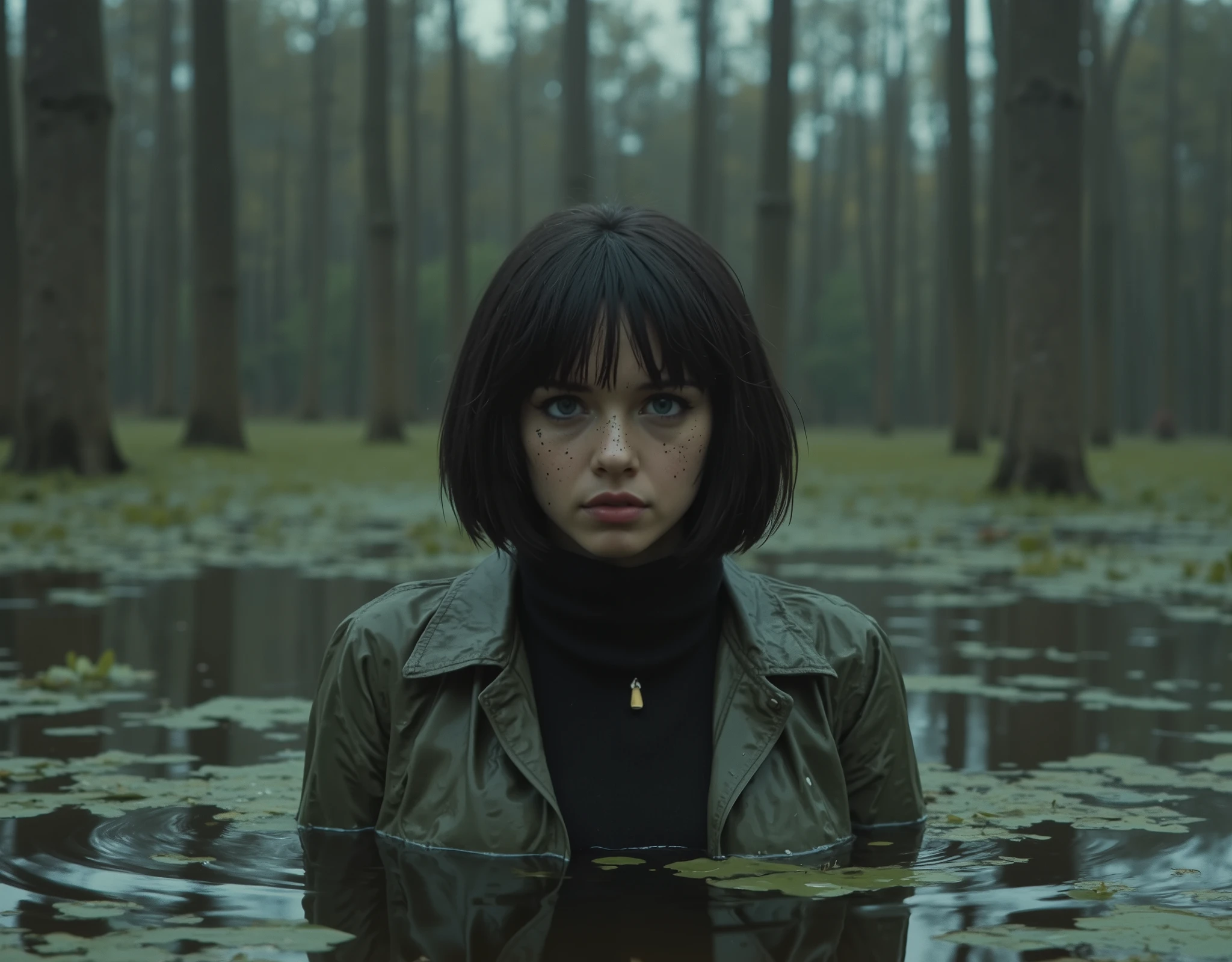 ( top quality ,4K,  realistic), a portrait of tired whore mom,   plunged into a deep swamp , turtleneck, a washed jacket  ,  Accessories ,   wild and eerie sludge environment , A reflection in a swamp, polluted  duckweed bog, bob-cut, lust passion, strong bags under eyes, expressive wrinkless