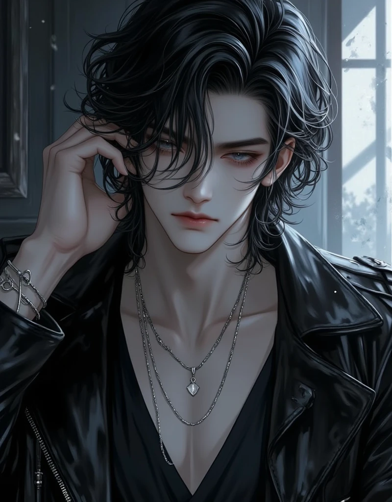 anime boy, anime man, handsome sexy anime boy, aesthetic, manhwa style, dark straight  hair, detalied digital art, wearing black leather jacket, bad boy