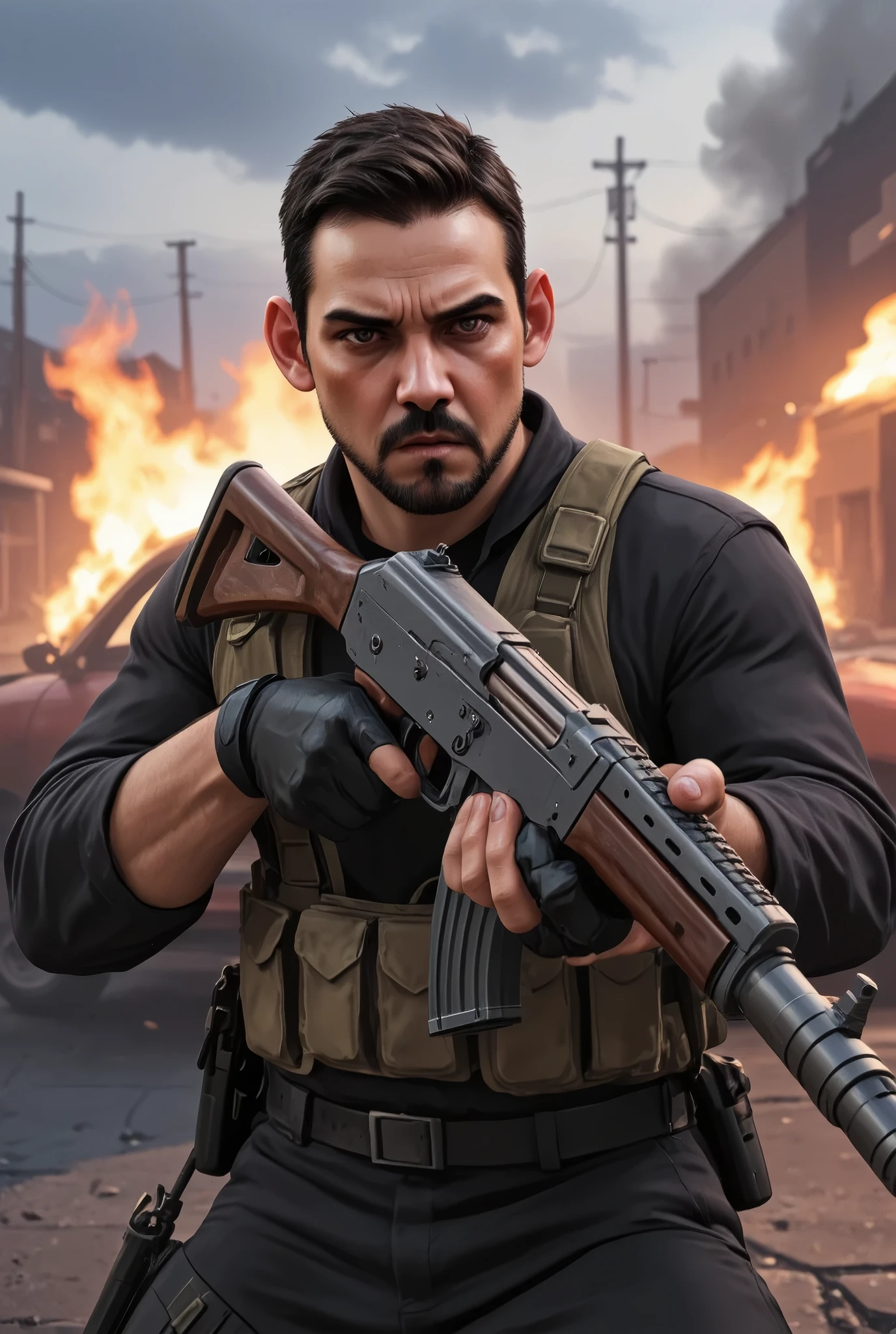 Cartoon art, GTA V Style. a young man, about 30 years old, in dynamic pose, ((wearing a Call of Duty suit style)) , holding a AK-47, angry face , in action scene, dynamic Angle, handsome man, detailed illustration, vivid colors, burning car in background. 